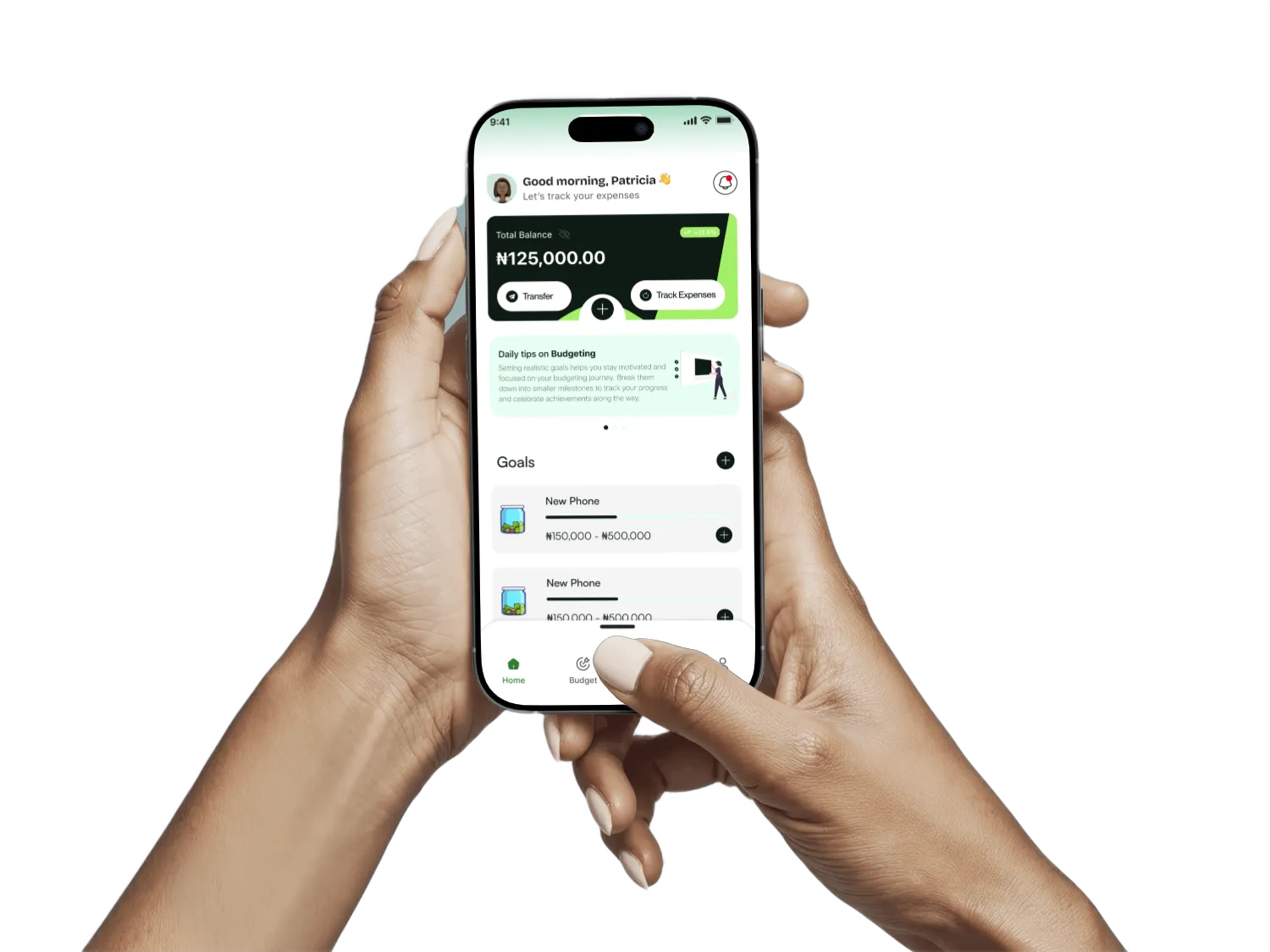 Hand holding iPhone showing MoniMata app